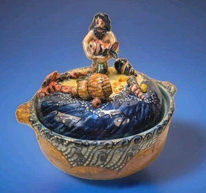 French Majolica Covered Dish A Merman His Fish And A Giant Crab - Picture 1 of 24