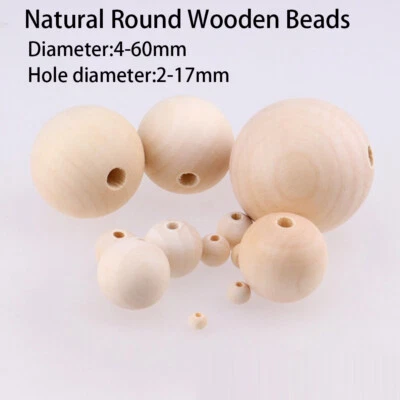 Round Untreated Plain Wooden Ball Bead With Hole Wooden Craft Balls Beads 4-60mm - Image 1 of 4
