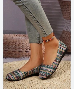 Call It Spring Patterned Trendy Vegan Flats in Blues & Pink size 8 with Back Zip - Picture 1 of 7