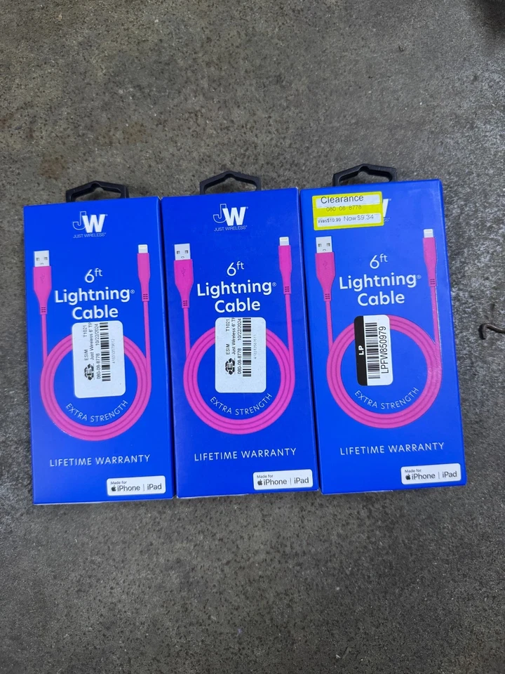 New Just Wireless MFi-Certified 6ft Lightning Cable Extra Strength Pink Set of 3 - Image 1 of 1