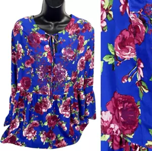 Pioneer Woman Tunic Top Size XL Blue Roses Floral Cottagecore Romantic Country - Picture 1 of 12