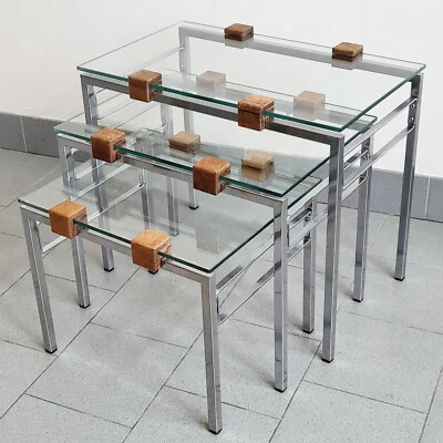 SET DE 3 TABLES GIGOGNES VINTAGE SCANDINAVES 1960 TECK ACIER & VERRE 60S 1960S - Photo 1/4