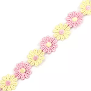 Polyester Lace Trim Pink & Yellow Daisy Flower Floral 25mm (1") 2 Yards Per Pack - Picture 1 of 3