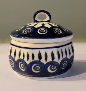 Wiza Polish Pottery Trinket Jar With Lid Small White With Blue & Red Decorations - Bild 1 von 8