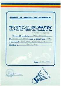 Rumänien, 1996, Rumänischer Badmintonverband Diplom - Bild 1 von 1