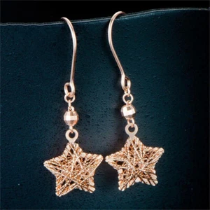 Au750 Real 18K Rose Gold Women Lucky Hollow Star Dangle Earrings 35mmH - Picture 1 of 6