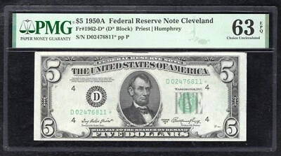 FR. 1962-D* 1950-A $5 *STAR* FRN CLEVELAND, OH PMG CHOICE UNCIRCULATED-63EPQ - Image 1 of 2