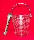 Cambridge Glass "Diane" etched ice bucket with ice tongs and company logo