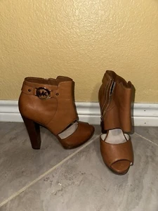 MK Michael Kors Brown Tan signature Logo Platform booties sandals heels Sz.6.5 - Picture 1 of 6