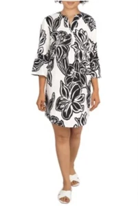 Ruby Rd Island Floral Print Linen Dress-Black White- Swim Cover Up Beachwear -M - Picture 1 of 8