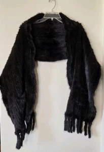 Vintage Black Mink Fur Shawl Boa Stole Cape Scarf Wrap Soft Elegant With Pockets - Picture 1 of 11