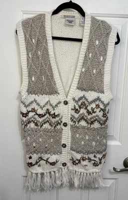 Chaleco Suéter Huntington Ridge Años 90 Tejido Crochet Abotonado Mediano Boho Flecos Foto 1 de 4