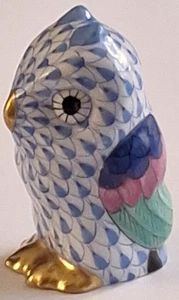 Pre-1970s Rare Vintage HEREND MINIATURE OWL Blue Fishnet 24K Gold Accents 1.75" - Picture 1 of 18