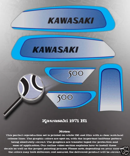 KIT GRÁFICO CALCOMANÍA CUBIERTA LATERAL TANQUE COMBUSTIBLE KAWASAKI 1971 H1 Foto 1 de 1
