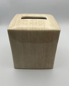Ceramic Tissue Box Cover Cube Beige Ceramic Faux Marble “Milano"