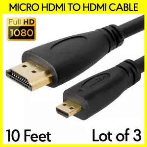 Cable Micro HDMI Macho a HDMI Macho de 3 PIEZAS Cable de 10 Pies para Teléfono Celular Cámara HDTV - Imagen 1 de 3