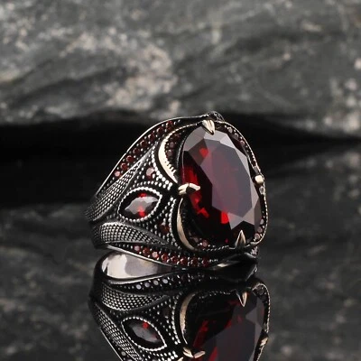 925 Sterling Silver Men's Ring with Garnet Gemstone, Handmade Garnet Stone Ring - Image 1 of 4
