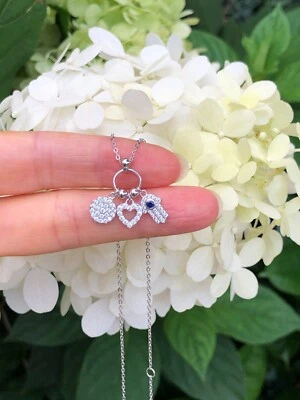 925 Sterling Silver Disc Heart Hamsa Hand Pendant Necklace CZ Women 7mm 9mm 18" - Image 1 of 4