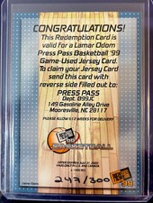 1999 Press Pass - EXPIRED Redemption Card MT-227/300 Lamar OdomGame-used Jersey.