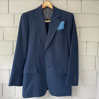 40s Vintage Bespoke X-SM Blue 2-Button Suit Jacket with Aqua Pinstripes Size 36 - Image 1 of 4