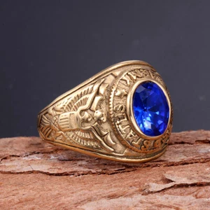 Vintage Blue CZ Eagle US Army Ring Stainless Steel Veteran Ring Gold Size 7-13 - Picture 1 of 4