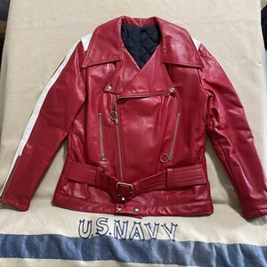 Vintage Drospo Womens Red Leather Cafe Racer Moto Jacket Medium Size 12 38” Bust - Picture 1 of 11