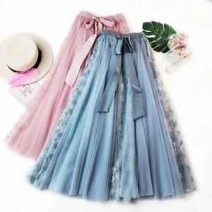Dama Lolita Malla Faldas Tul Encaje Plisado Midi Vestido Forrado en A Cintura Alta Informal - Imagen 1 de 15