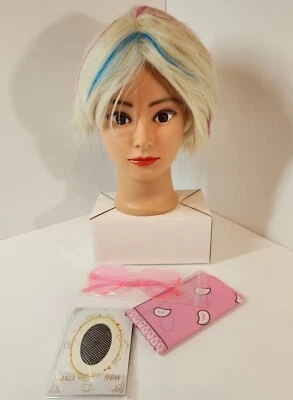 NUEVO Peluca Bob Corta 10" Rubia con Rayas Azules y Rosas Anime Moda Disfraz con disfraces Foto 1 de 3