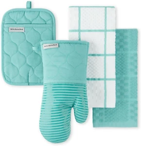 Quilted Cotton Terry Cloth Oven Mitt, Pot Holder, Kitchen Towel 4-Pack Set, Heat - Picture 1 of 12