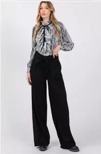 Wide Leg High Waisted Belted Pleated Women's Black Pants Trendy Casual - Picture 1 of 6