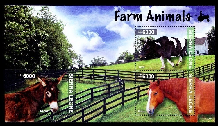 Sierra Leone 2014 MNH SS, Farm Animals, Donkey, Horse, Cow   - Image 1 of 1