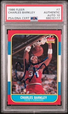 CHARLES BARKLEY SIGNED 1986 FLEER ROOKIE BASKETBALL CARD 76ERS PSA/DNA AUTO 10 - Image 1 of 2