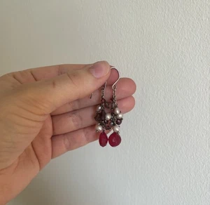 925 Silver, Pink Pearl And Gemstone Dangle Earrings - Picture 1 of 4
