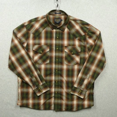 Camisa Pendleton Para Hombres XL Marrón Verde Cuadros Frontera A Presión Occidental Manga Larga Foto 1 de 4