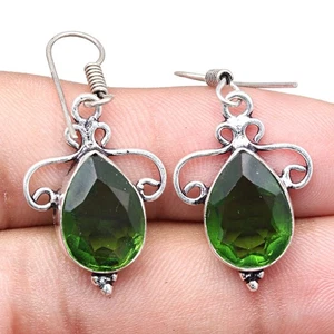 Peridot Quartz Gemstone Handmade Gift For Her Silver Jewelry Earrings 1.5'' - Picture 1 of 7