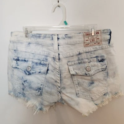 True Religion Denim Shorts Sz 30 Low Rise Joey Cut Off Acid Wash Distressed Y2K  - Image 1 of 4