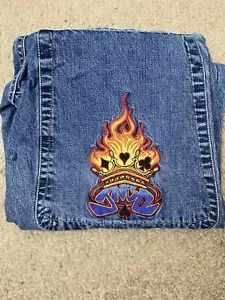 Pantalones de mezclilla de patinador holgados azules de pierna ancha vintage Y2K para hombre JNCO Flaming Spade 28x30 - Imagen 1 de 7