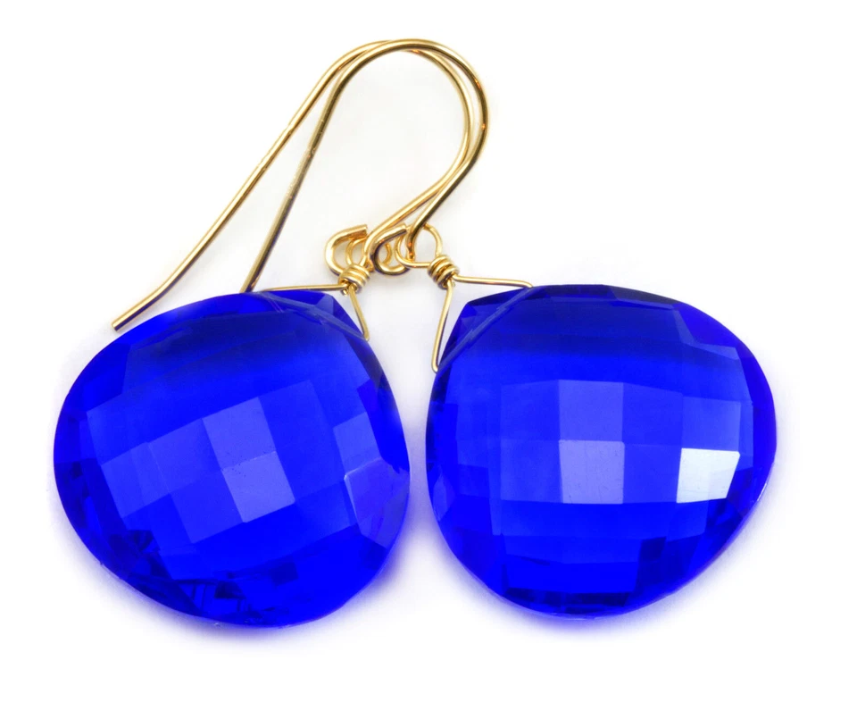 Pendientes lágrimas de zafiro simulado azul cachemir oro macizo de 14 k Foto 1 de 4