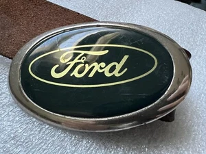 Vintage Ford Motor Company Belt Buckle + Belt Cobalt Blue by RJ Roberts USA - Picture 1 of 8