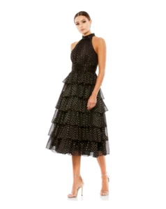 Mac Duggal Black Gold High-Neck Tiered Dotted Midi-Dress Size 6 Orig $398 - Picture 1 of 8