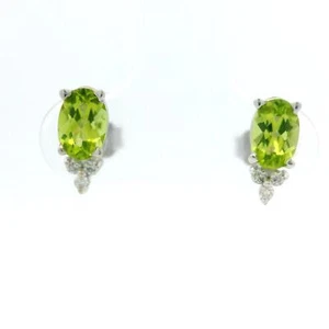 14k White Gold Oval Green Peridot & Diamond Petite Stud Earrings - Picture 1 of 8
