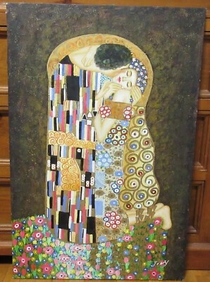 TONY "EL BESO" DESPUÉS DE GUSTAV KLIMT ENORME PINTURA AL ÓLEO SOBRE LIENZO SIN MARCO Foto 1 de 4