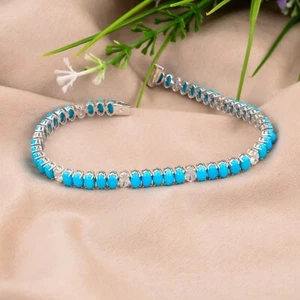 Oval Arizona Turquoise H/SI Diamond Bracelet 18k Solid White Gold Birthday Gift - Picture 1 of 11