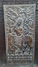 Vintage Carved Door Panel Krishna Playing Flute with His Cow Panel WallSculpture