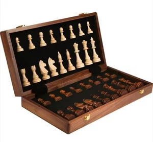 Top Grade Wood Deluxe Folding Chess Set Solid Authentic Wood Walnut Chessboard - Picture 1 of 7