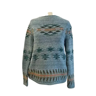 Suéter feminino Ralph Lauren pequeno de malha de mão azul padrão asteca linho algodão P - Imagem 1 de 4