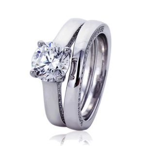 Women Sterling Silver Rhodium Plated 2ct CZ Wedding Engagement Bridal Ring Set - Picture 1 of 3