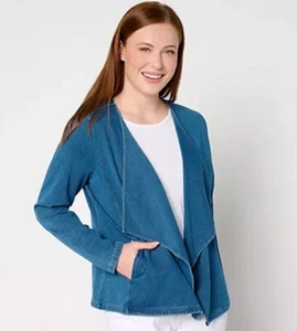 QVC Denim & Co Comfy Knit Air Draped Long Sleeve Jacket Plus Size 1X Blue NEW - Picture 1 of 17