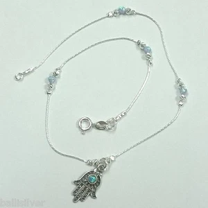 Sterling Silver 925 Opal Hamsa Charm, Laser Cut and Blue OPAL Beads ANKLET - Picture 1 of 6