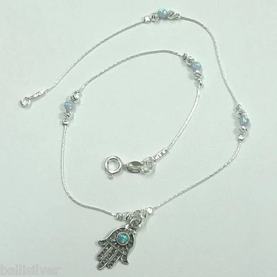 Sterling Silver 925 Opal Hamsa Charm, Laser Cut and Blue OPAL Beads ANKLET - Image 1 of 4